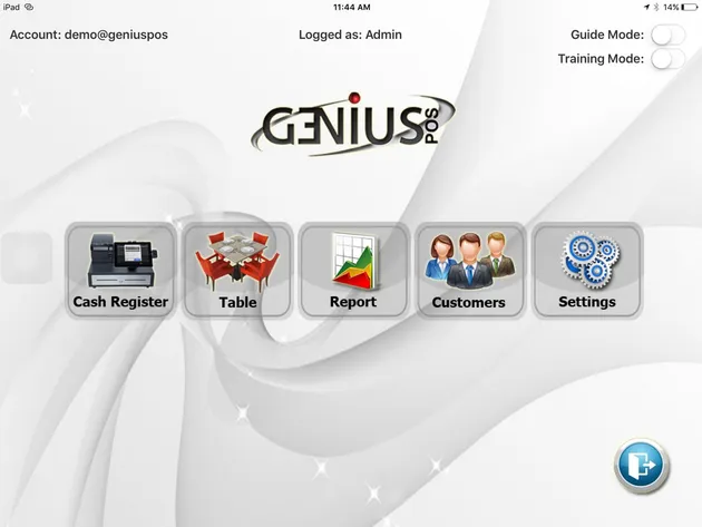 The app home menu on an iPad, with Guide Mode and Training Mode toggles in the top corner.