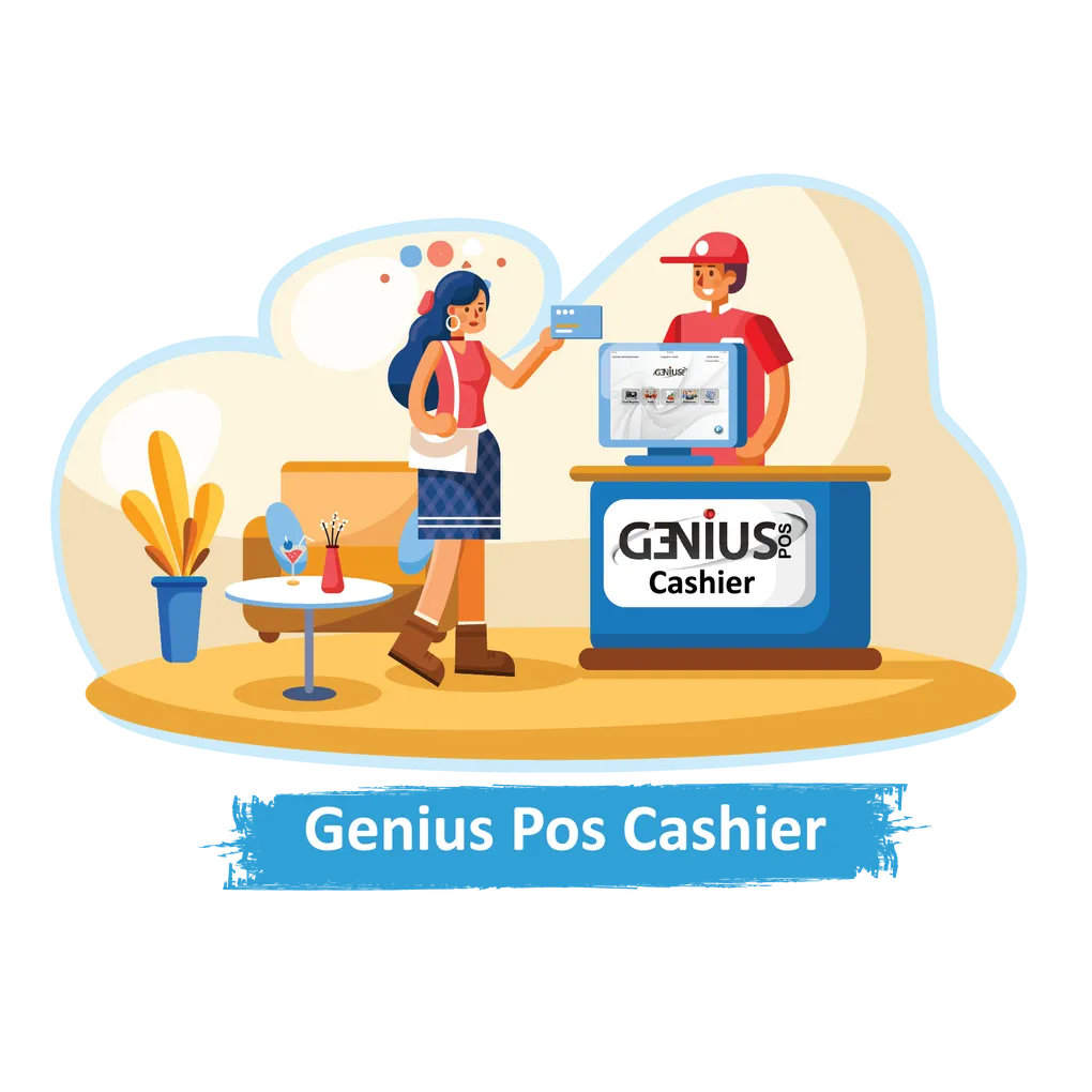 A customer at a counter handing over a card, with the point-of-sale screen on the counter showing the GeniusPos home menu.