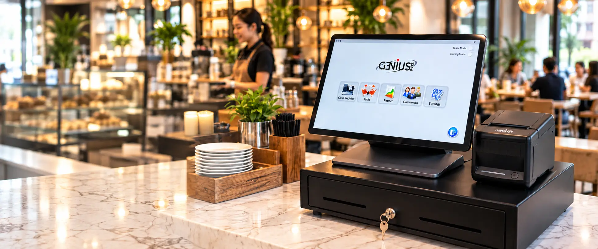 A GeniusPos touchscreen terminal with a receipt printer and cash drawer on a café counter.
