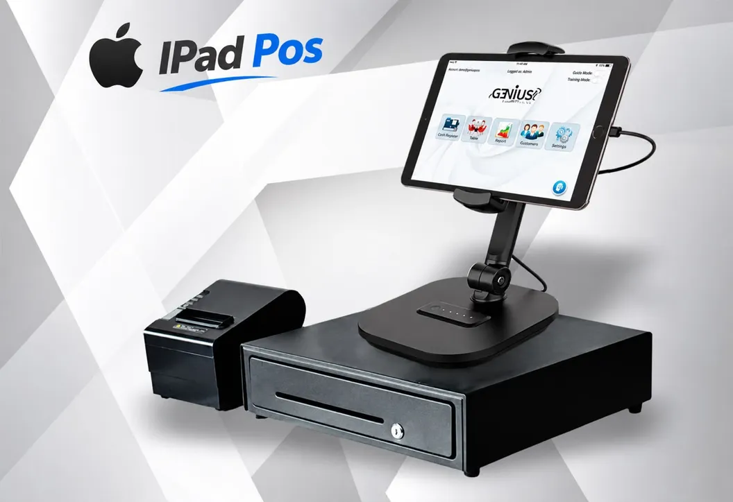 Marketing artwork headed “iPad Pos”: an iPad in a stand running the GeniusPos home menu, beside a cash drawer and a receipt printer.