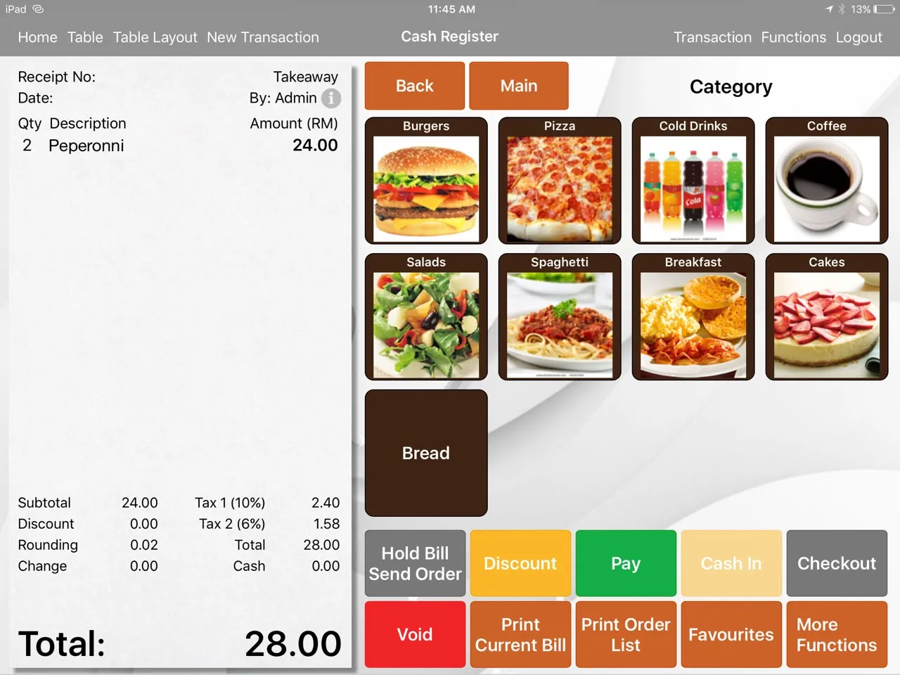 The GeniusPos order screen on an iPad: an order being rung up, its items and running total on the left, food categories on the right.