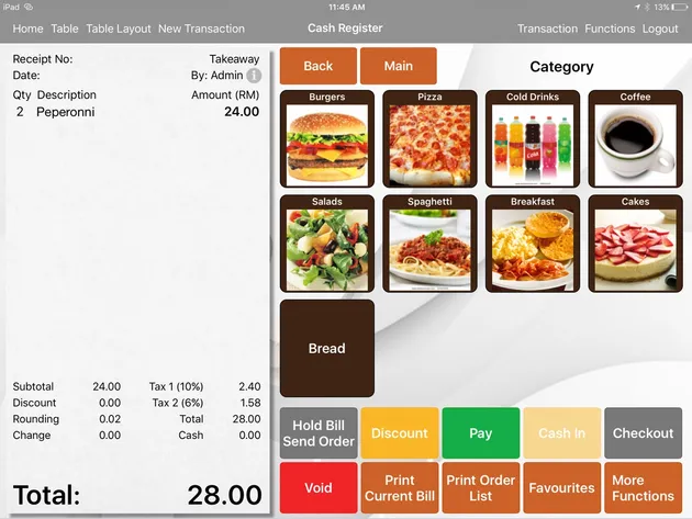 The cash register screen on an iPad: a running bill on the left, food category tiles on the right, and pay and checkout keys.
