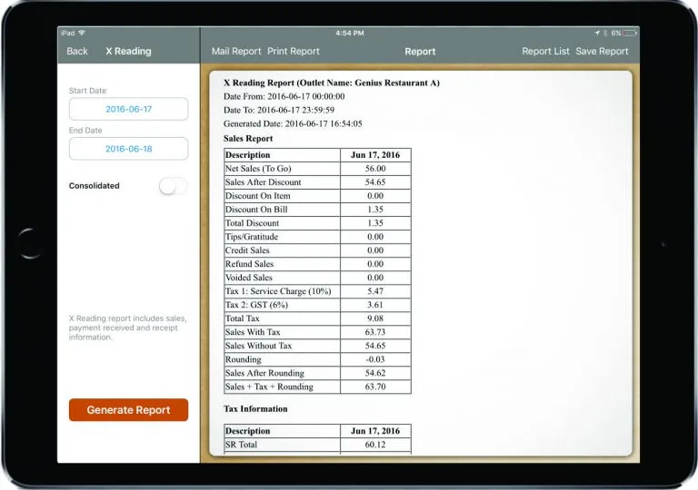 A report generated on an iPad: a date range on the left, and a sales table on the right listing net sales, discounts, tax and rounding.