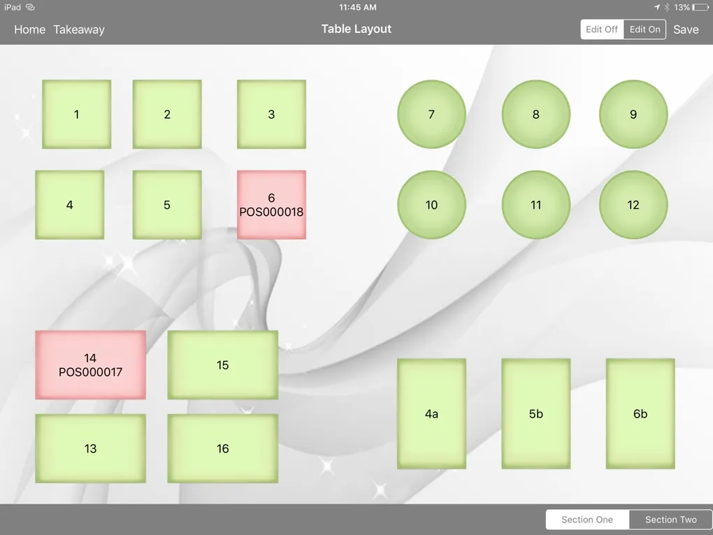 A floor plan on an iPad: sixteen tables of different shapes across two sections, most shaded green, two shaded pink and labelled with an order reference. An edit toggle and a save control sit above them.