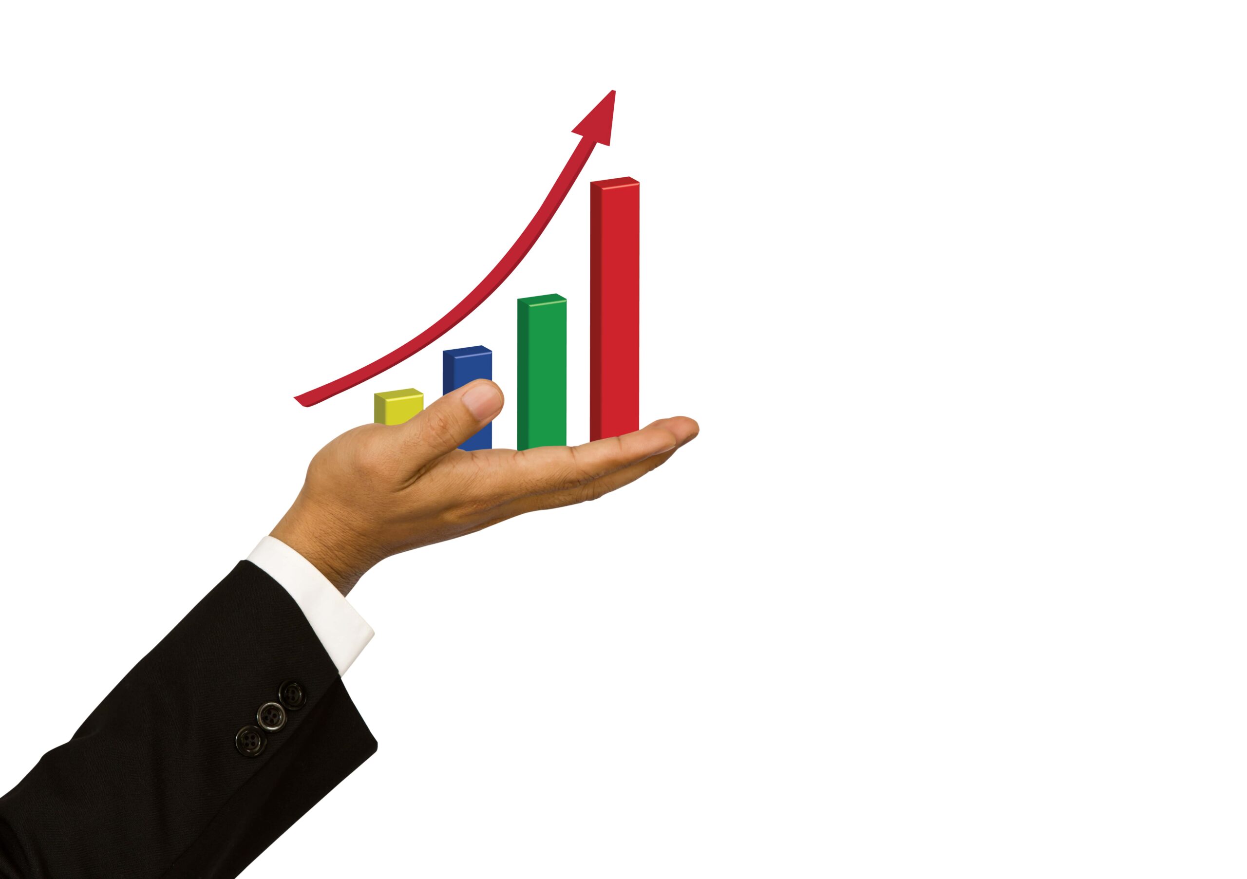 An open palm in a business-suit sleeve holds a floating 3D bar chart with ascending yellow, blue, green, and red bars and an upward red arrow, against a plain white background.